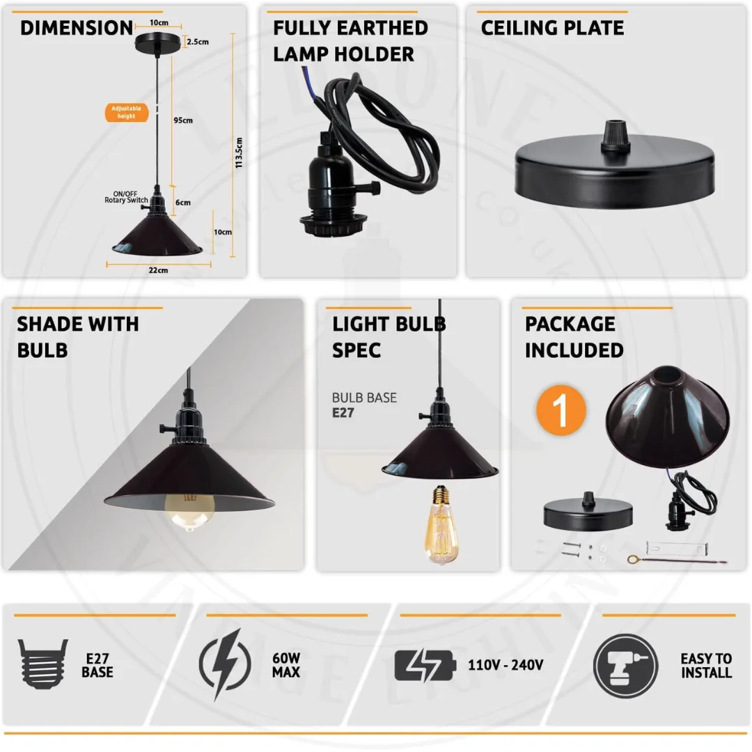 E27 pendant lighting featuring three black metal cluster lamps suspended by a 95 cm PVC cable