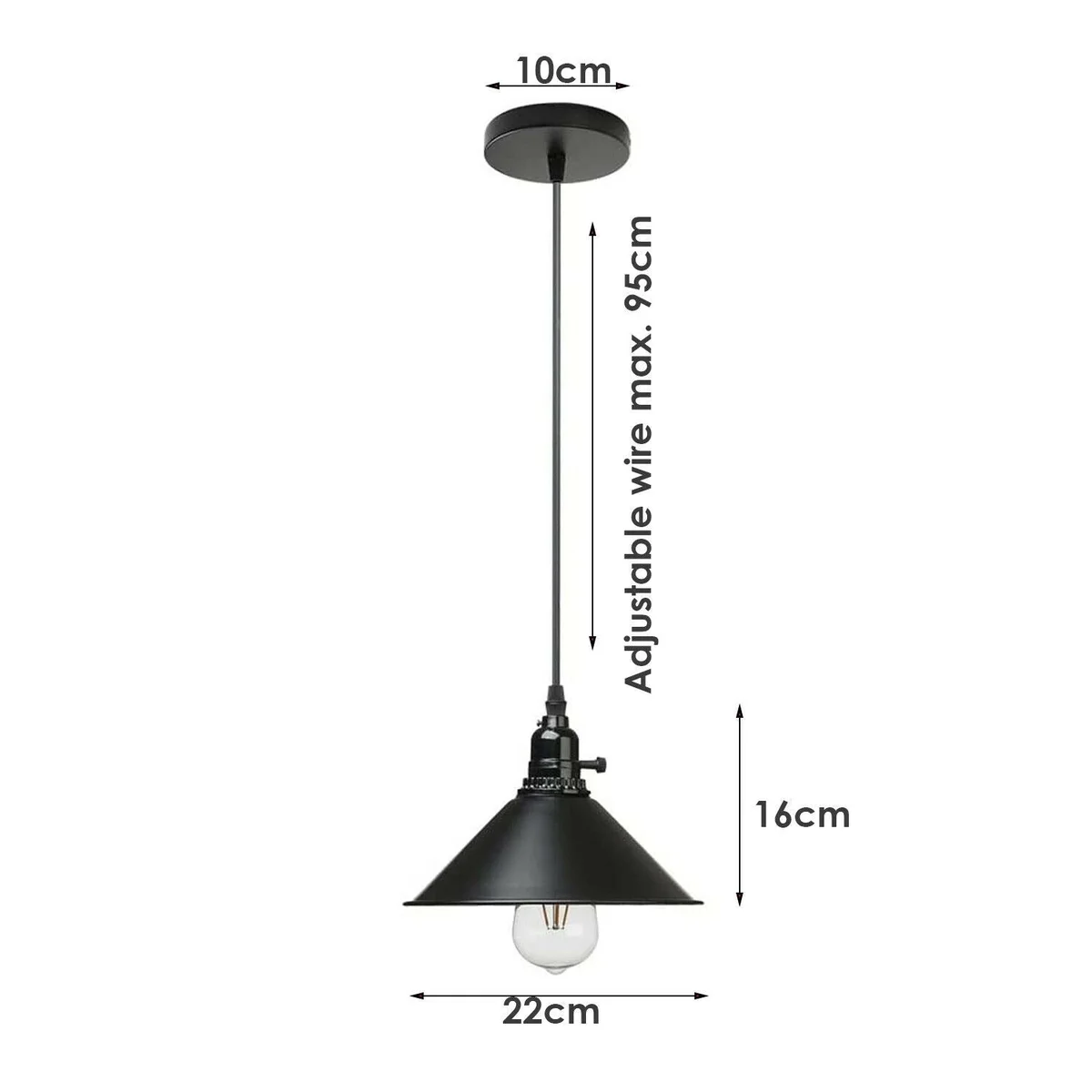 Black metal pendant lamp with three hanging metal clusters, PVC cable, 95cm height, vintage industrial style