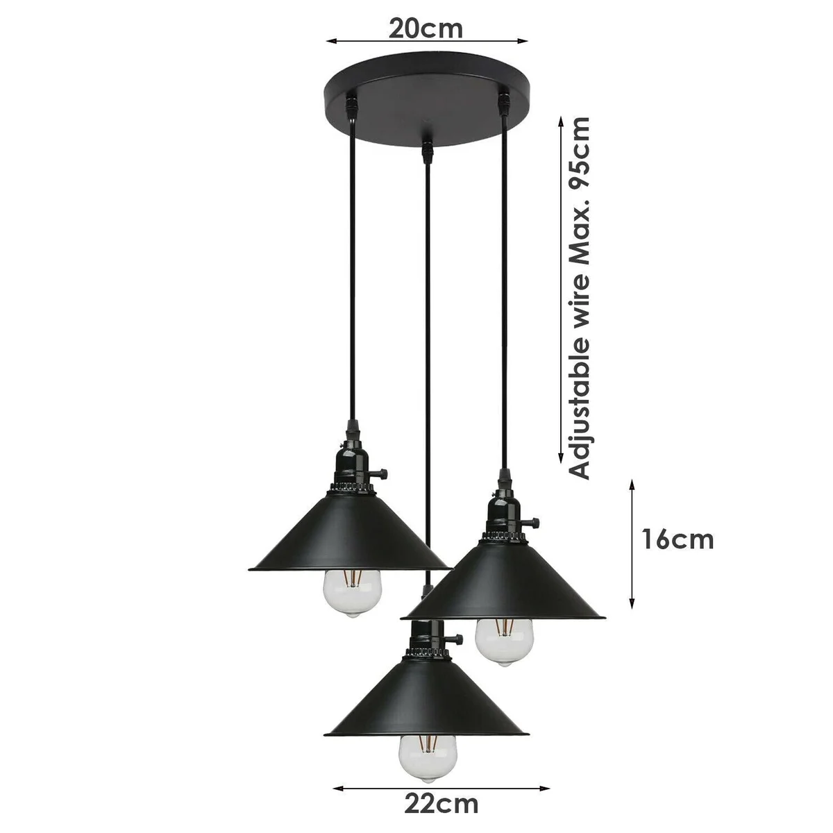Vintage industrial pendant light featuring a black metal cone cluster with PVC cable and E27 base