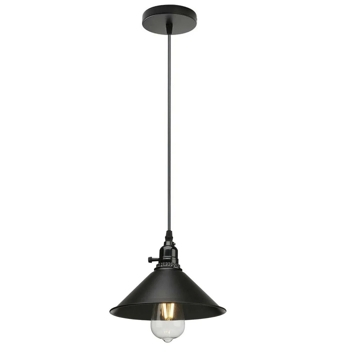 Black metal vintage industrial pendant light with PVC cable & lampshade, suitable for cozy home and cafe lighting.