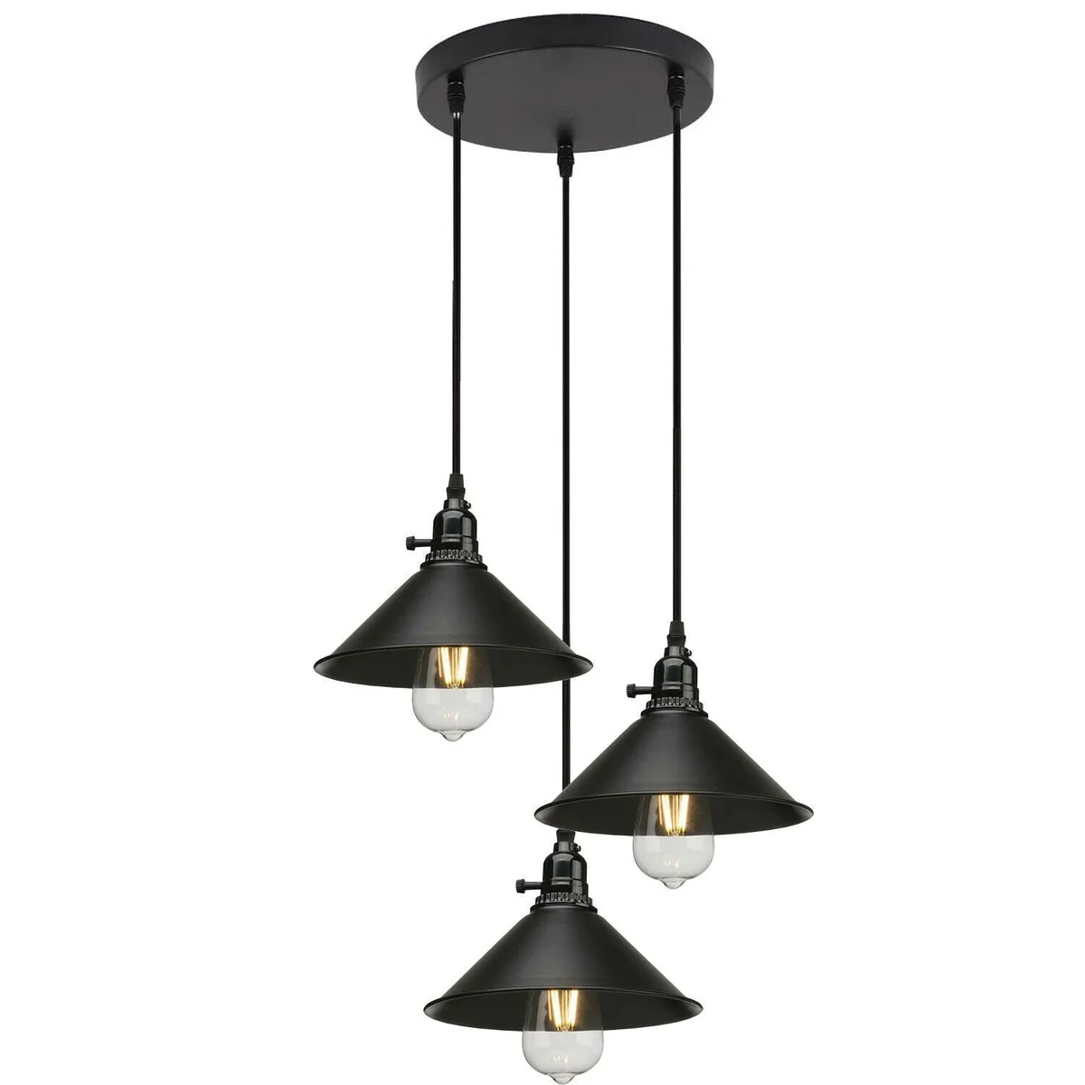 Bright black metal cluster pendant light with PVC wire, 3 white lampshades in a vintage industrial design.