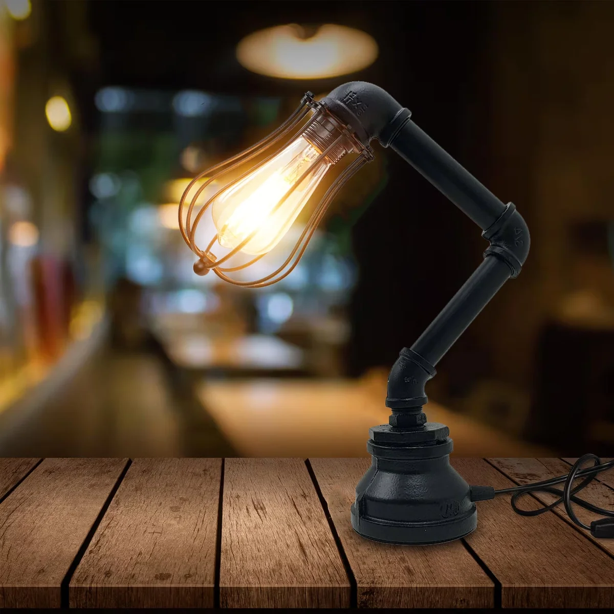 industrial steampunk table lamp featuring metal water pipe body, black wire cage shade, 31 cm tall, E27 socket