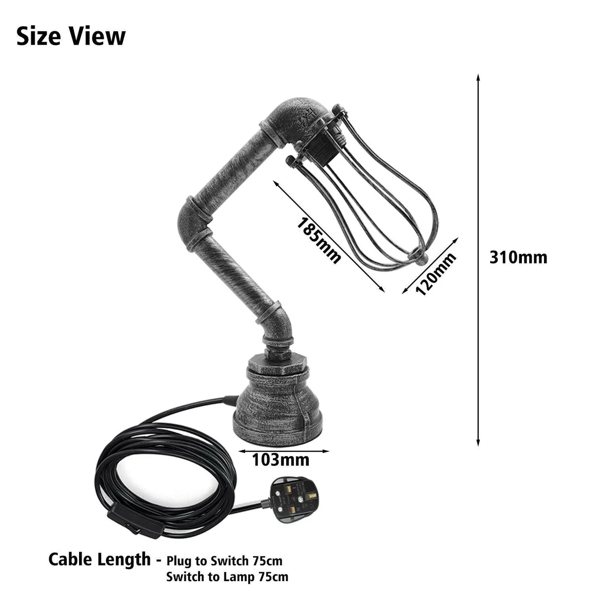 Metal water pipe table lamp with protective wire cage in black, classic steampunk design, E27 socket.