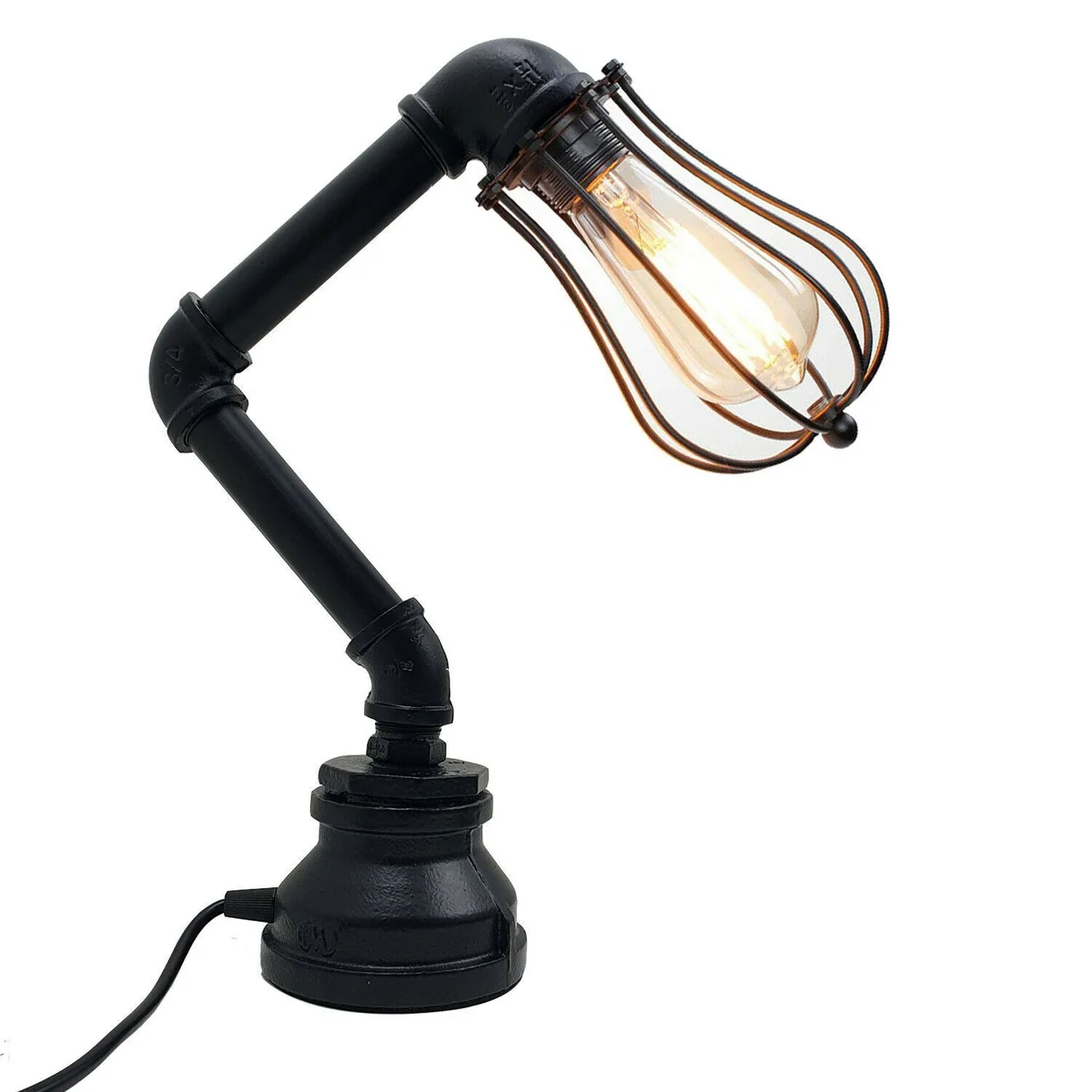 Steel water pipe lamp with black wire cage lamp shade, E27 socket, retro steampunk design