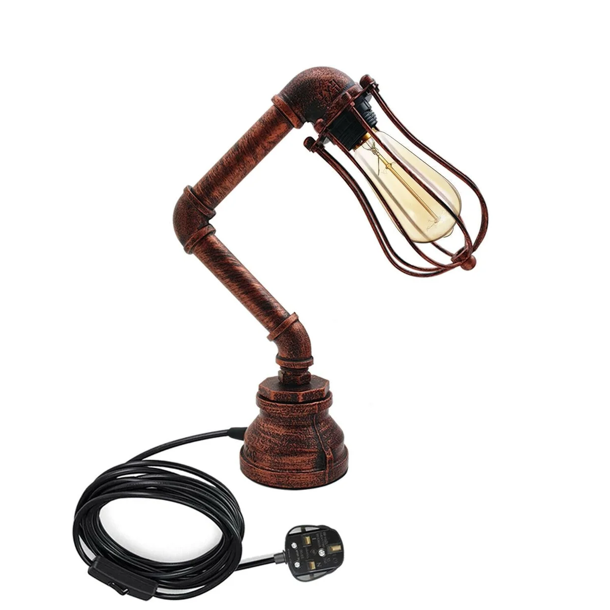 Vintage industrial lamp with metal water‑pipe base, E27 sockets, wrapped in protective wire cage, black finish.