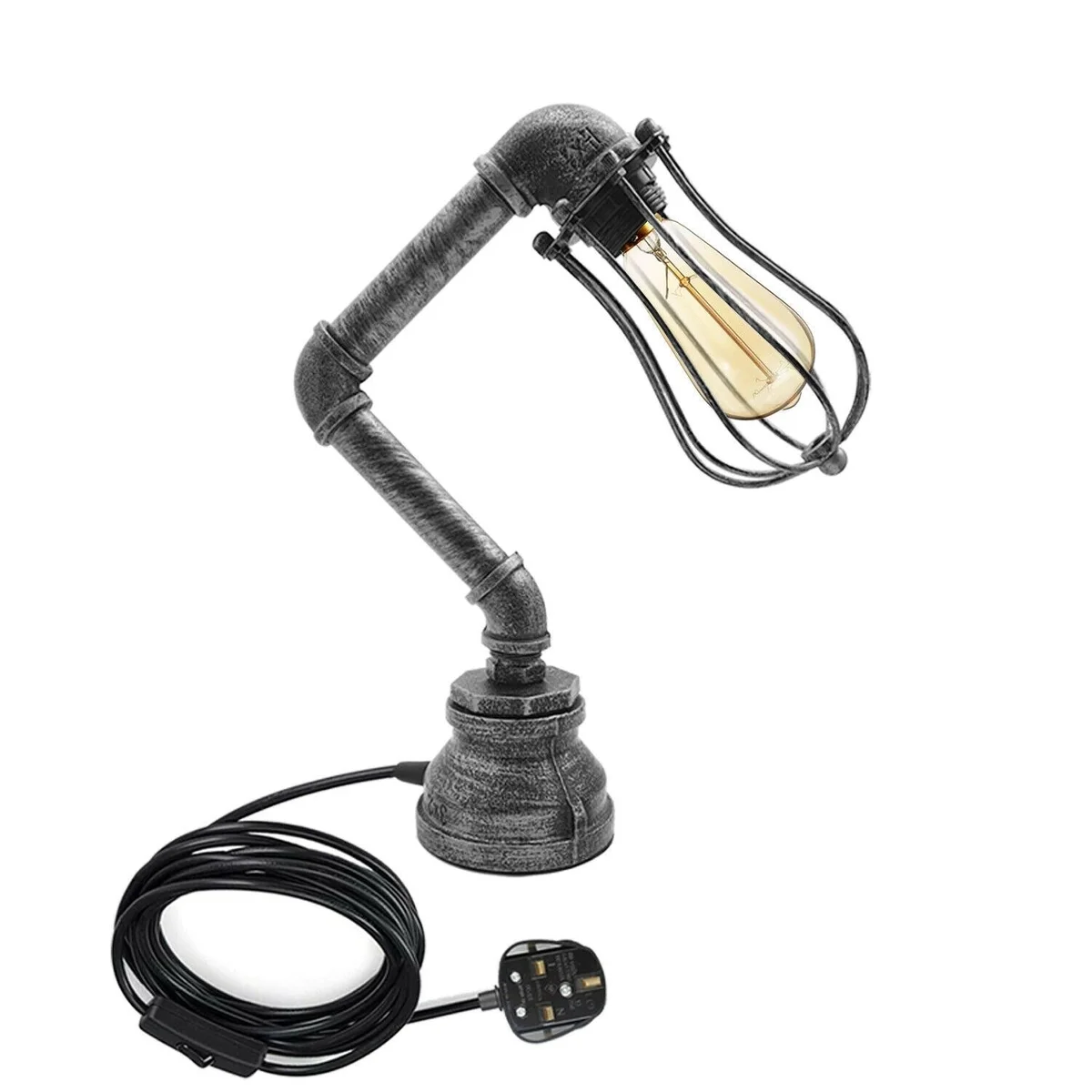 Industrial steampunk style plug in table lamp with metal water pipe design, wire cage shade, E27 bulb socket, 31 cm tall.
