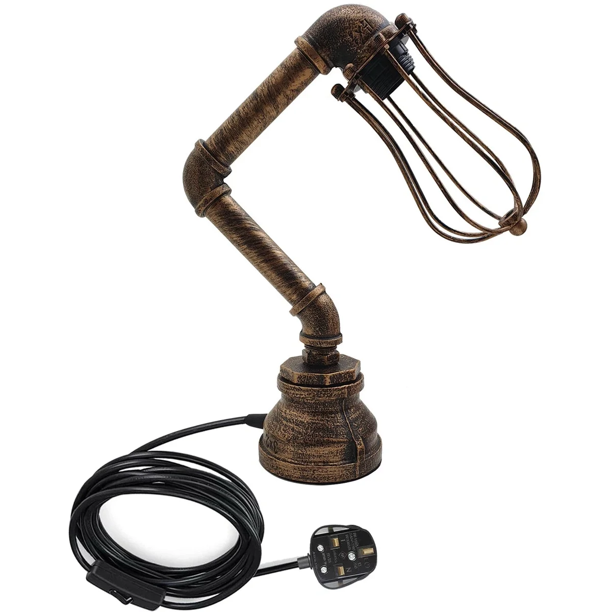 Industrial steampunk table lamp with metal water‑pipe body and protective wire cage, E27 base, black finish