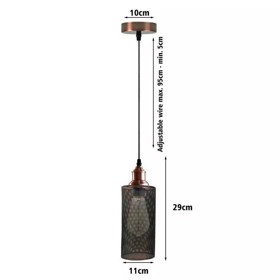 Modern cage light with rustic red metal shade, E27 base, 95cm PVC cable hanging from ceiling