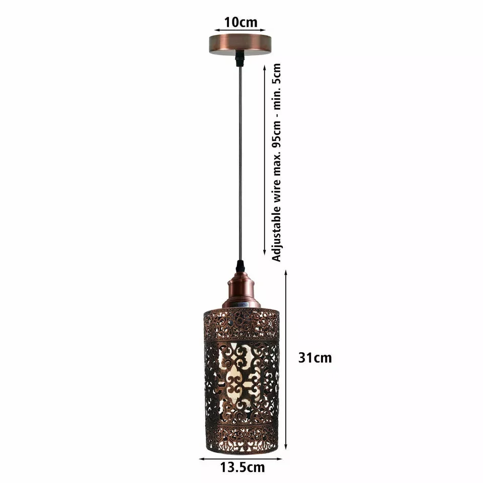 E27 pendant lamp with metal cage, rustic red shade, 95cm cord, hanging modernly from ceiling