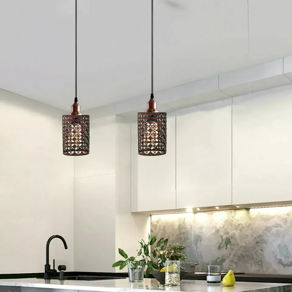 Rustic red pendant light with metal cage, long PVC cable, hanging from a flat base.