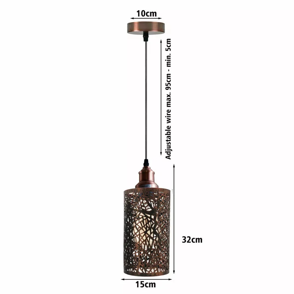 Metal cage pendant light with rustic red metal shade, 95cm PVC cable and E27 base, cord pendant lighting for modern rooms.