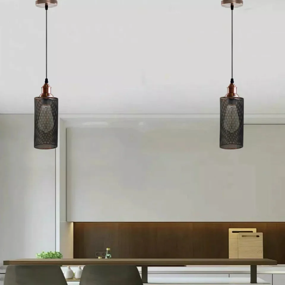 Adjustable cage pendant light in rustic red metal with PVC cable and ceiling plate, classic modern style, E27 base, 95cm cord.