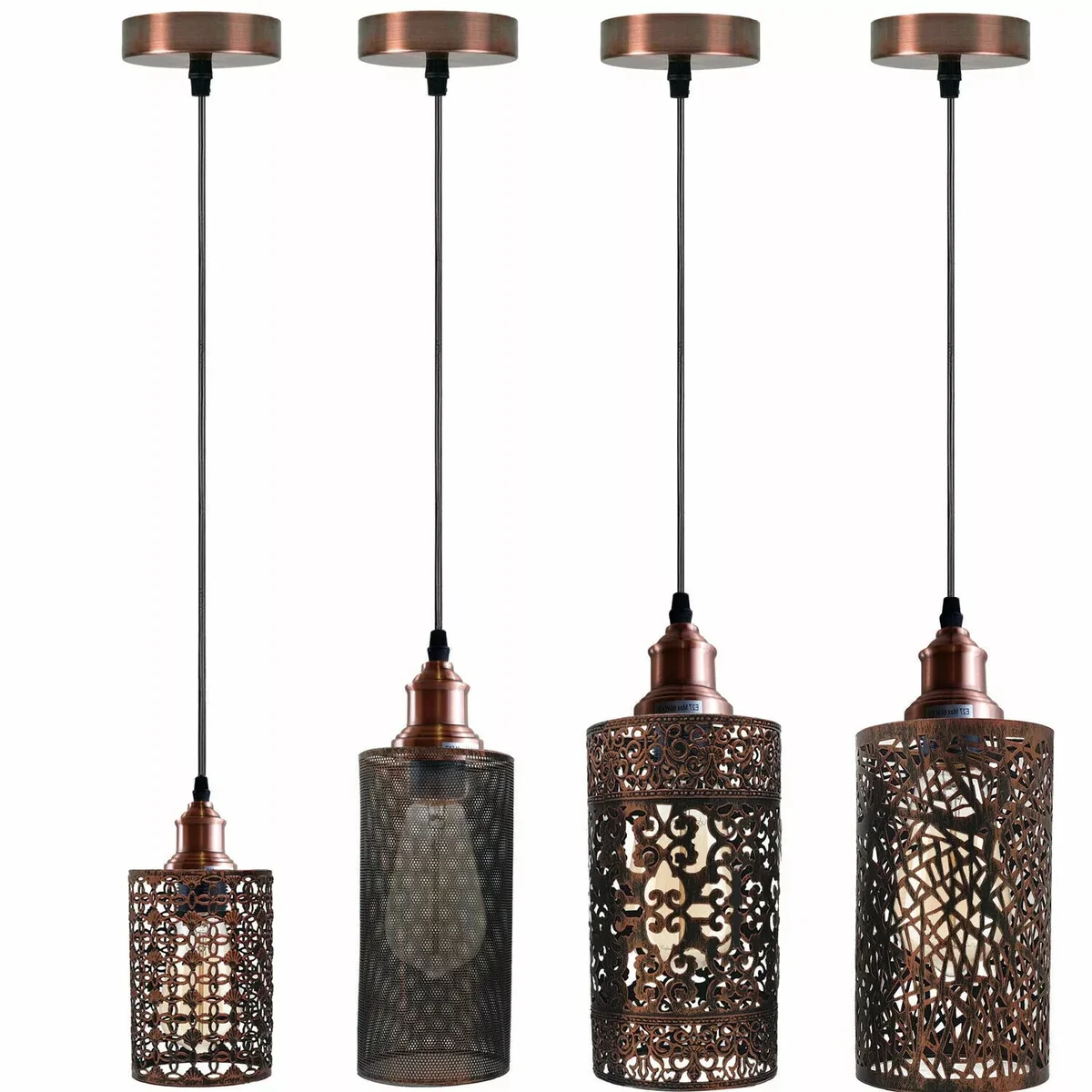 Adjustable cage pendant light with rustic red metal shade hanging from PVC cable, indoor room lighting