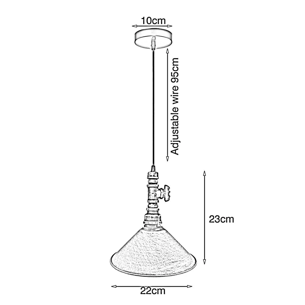 Industrial pendant light with metal water pipe design, black pipe body and cone metal shade, hanging from ceiling on long cable, E27 socket.