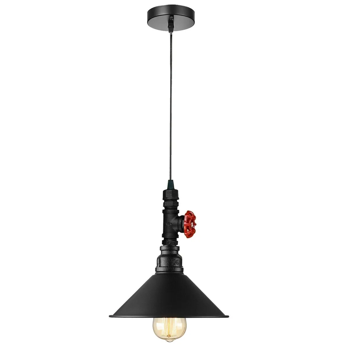 Steampunk pendant light with metal water pipe body, cone lampshade, long hanging cable, hanging from ceiling.