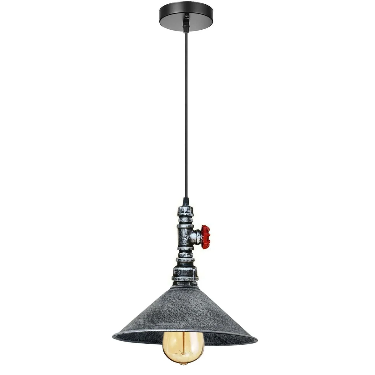Steampunk pendant light with metal water‑pipe body, black rustic colour, cone shade, hanging from ceiling