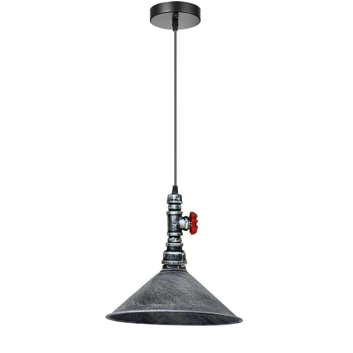 Steampunk pendant light with metal water pipe body, cone lampshade, black – hanging from ceiling.