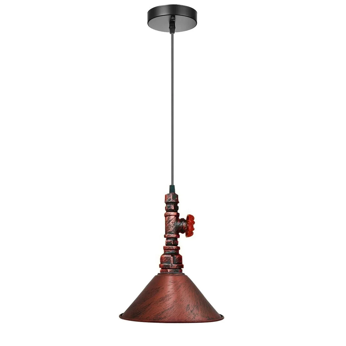 Steampunk pendant light with black metal water pipe and conical metal shade hanging from a ceiling cable.