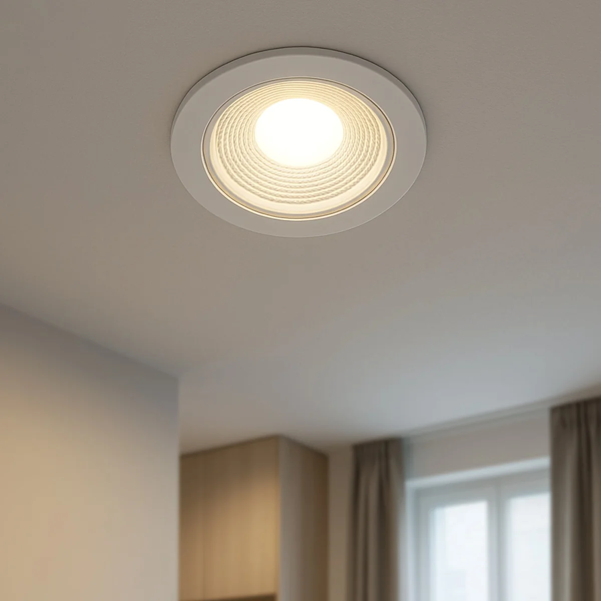 Ultra thin LED downlight, round recessed fixture made of aluminium and acrylic, 120° beam, 550 lumens, 6000K cool white.