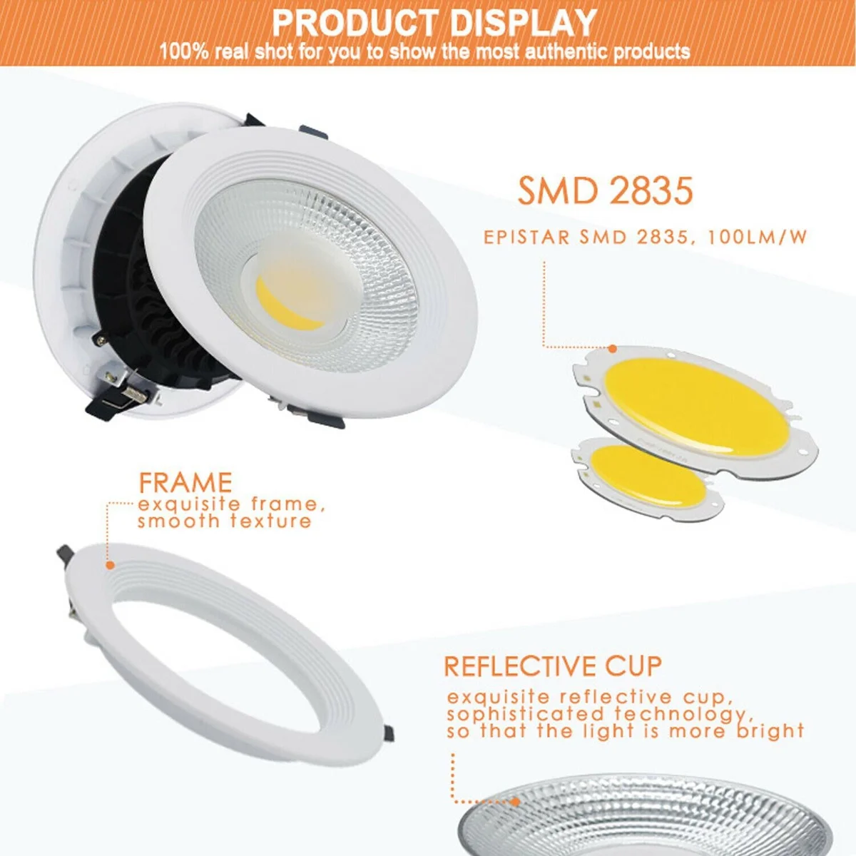 Ultra-thin recessed round aluminium LED downlight, 6000K cool white, 120° beam angle, LED spotlight
