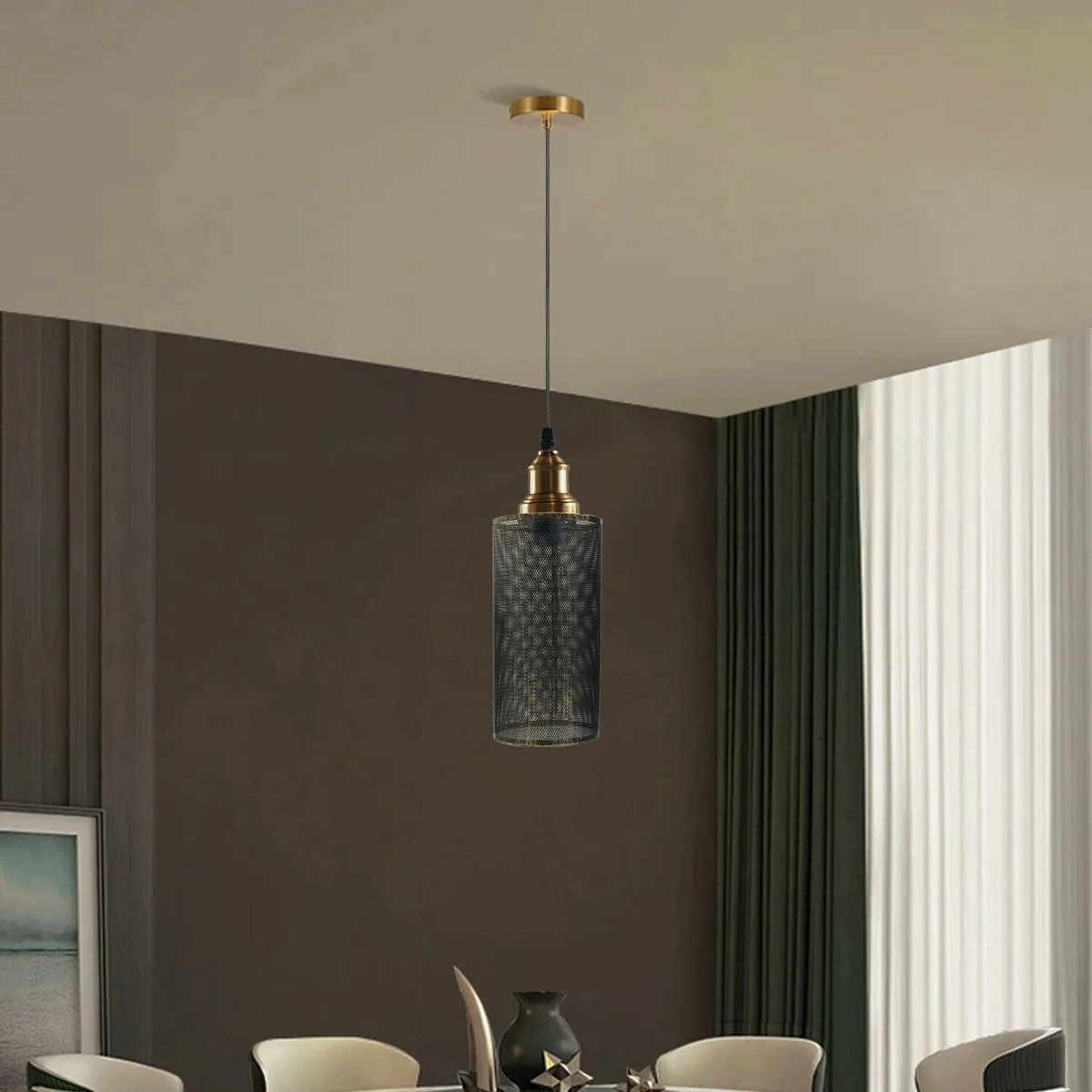 Brushed copper metal cage pendant light hanging from ceiling with modern cage design and 95cm cord