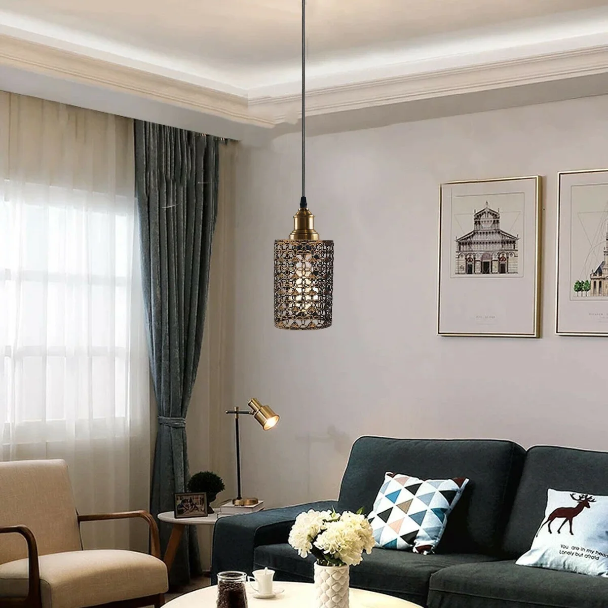 Modern pendant ceiling lamp with brushed copper cage, metal shade, 95cm PVC cable, elegant industrial style.