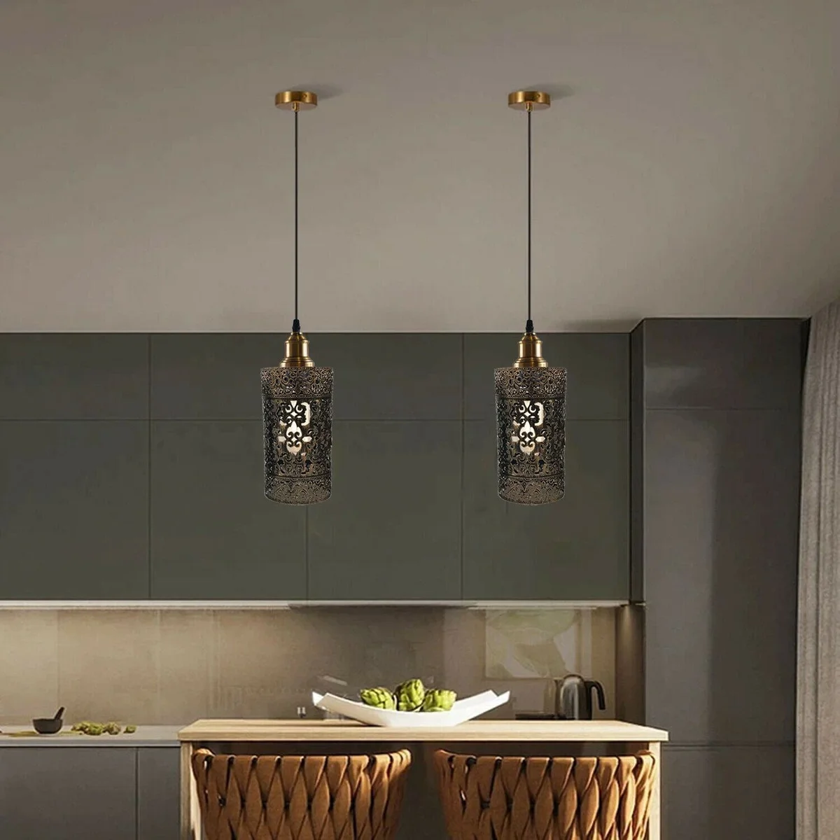 Brushed copper pendant light with metal cage shade, PVC cable, hanging from ceiling.