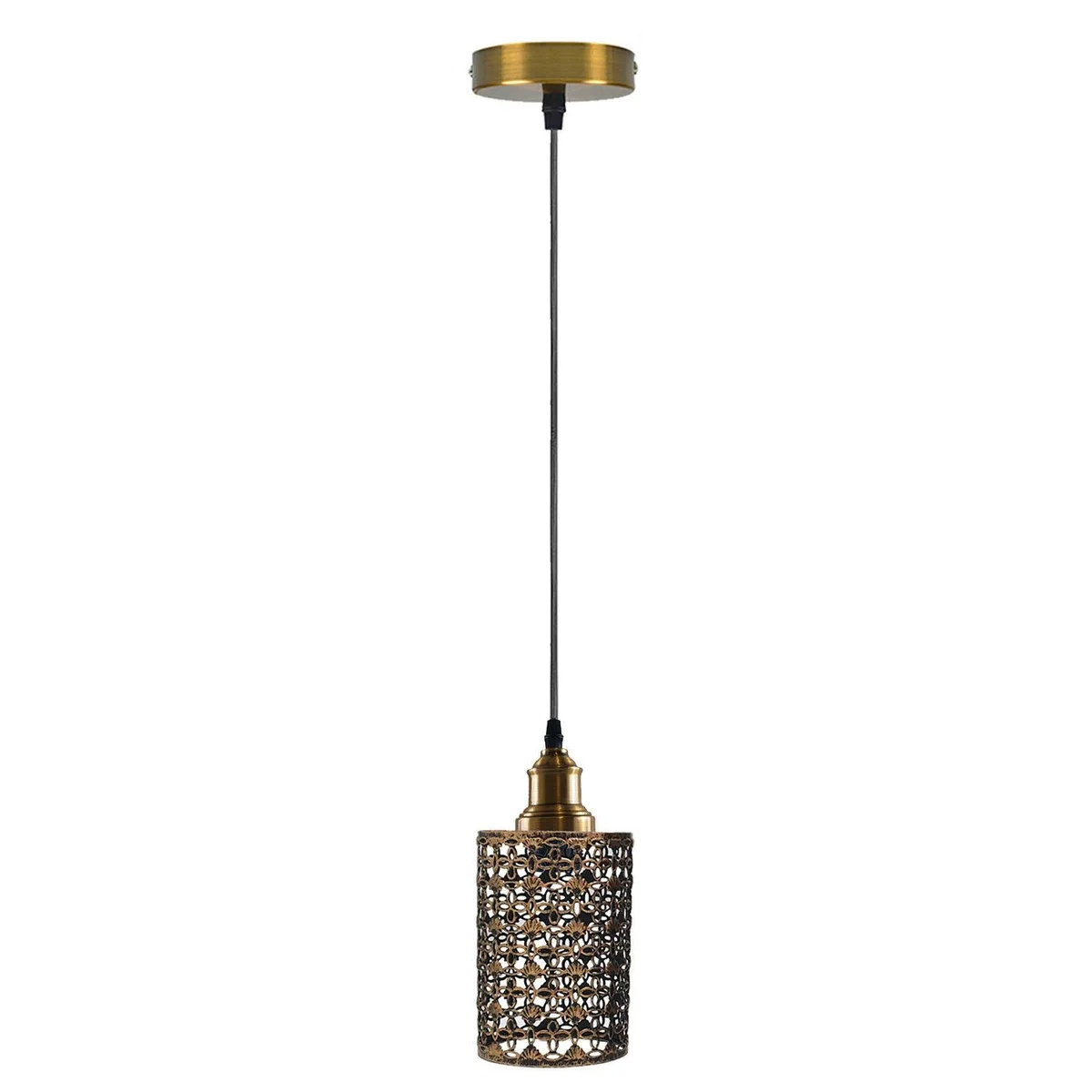 Industrial style pendant lamp in brushed copper metal cage with clear PVC cable and ceiling canopy