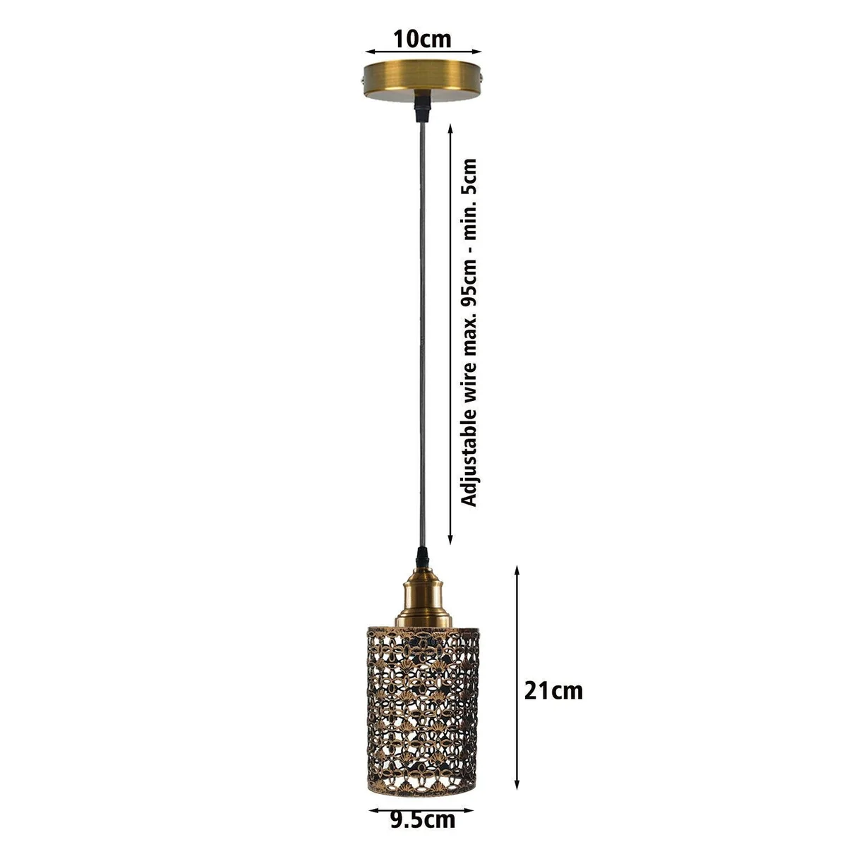 V‑shaped brushed copper metal cage pendant light hanging on 95 cm PVC cord above a 10 cm square plate.