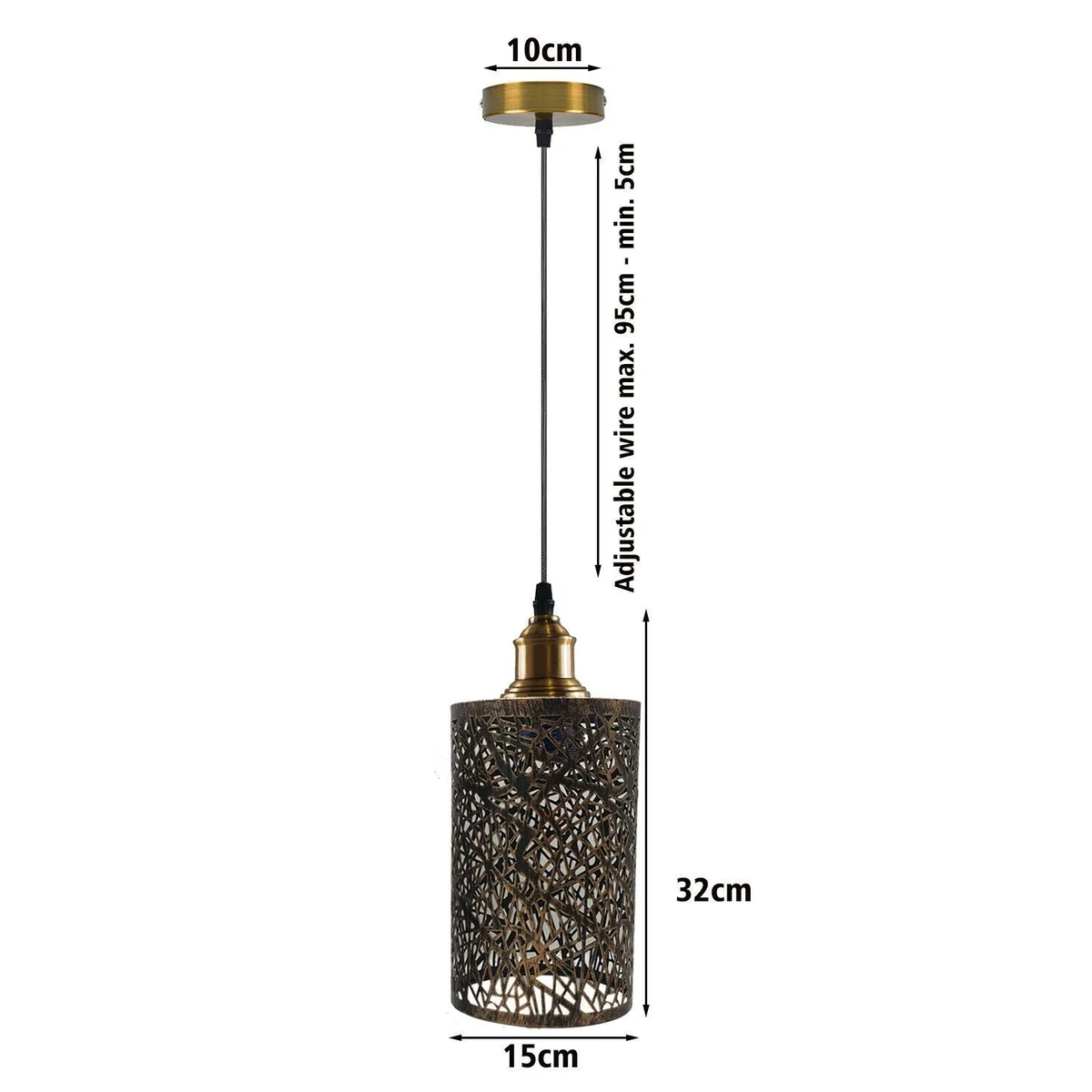 Brushed copper metal cage pendant light with PVC cable, modern design.