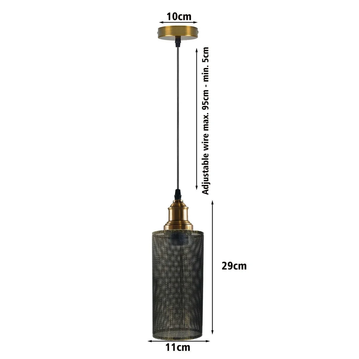 Brushed copper metal cage pendant light hanging from ceiling, featuring a metal cage, canopy and PVC cable.