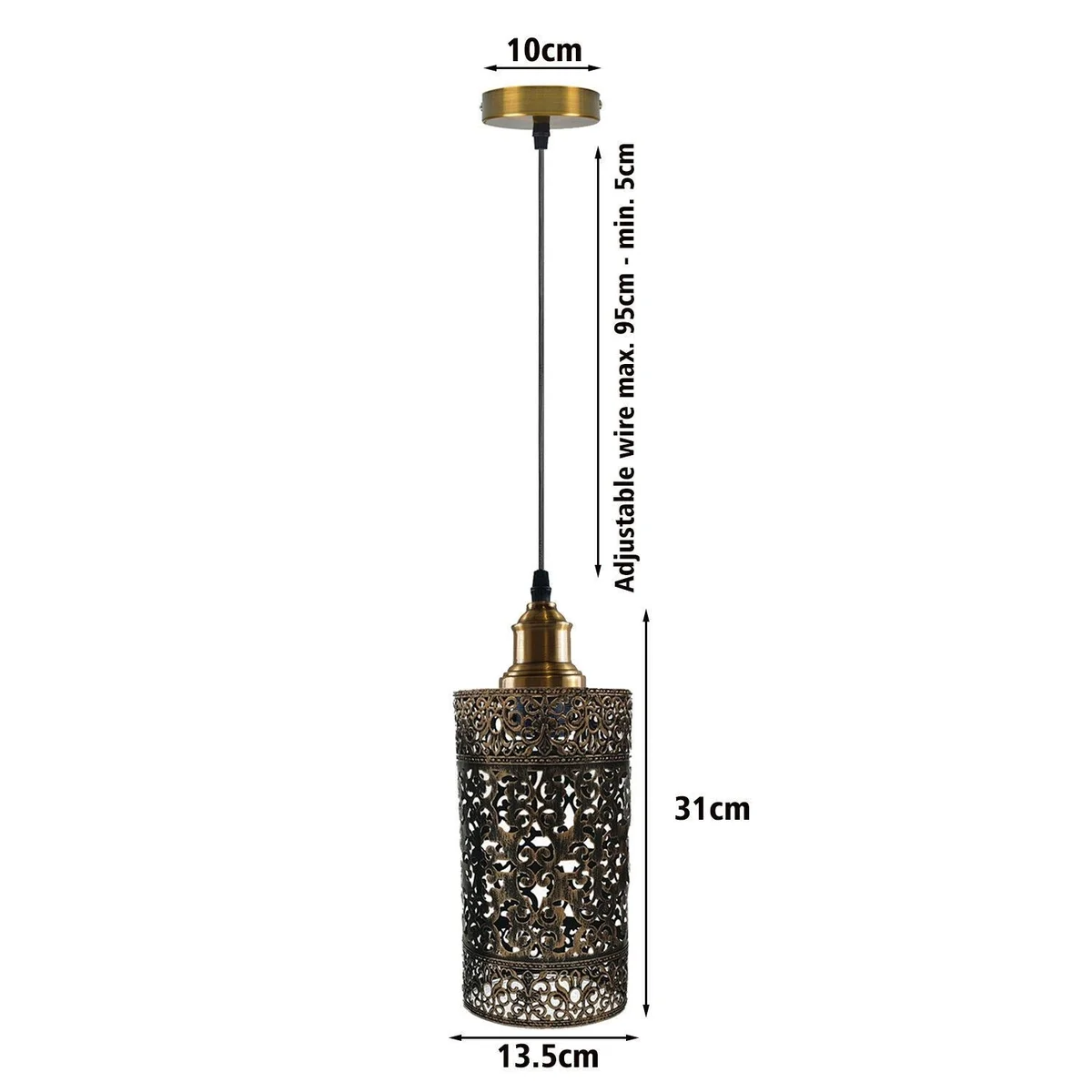 Metal cage pendant light with brushed copper metal cage, E27 lamp base, PVC cable suspended from ceiling.