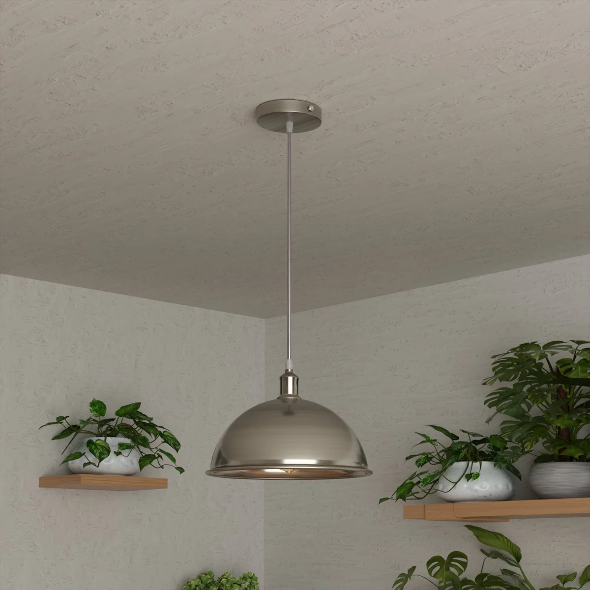 Satin nickel pendant light with dome shade, white interior, angled base, 95cm cable.