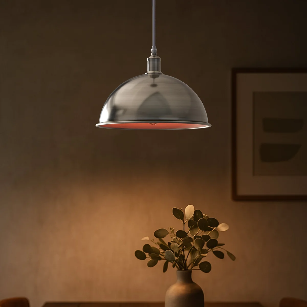 Brushed nickel dome pendant with white interior, for sloped ceilings, 10cm diameter, 95cm cable – a modern ceiling light