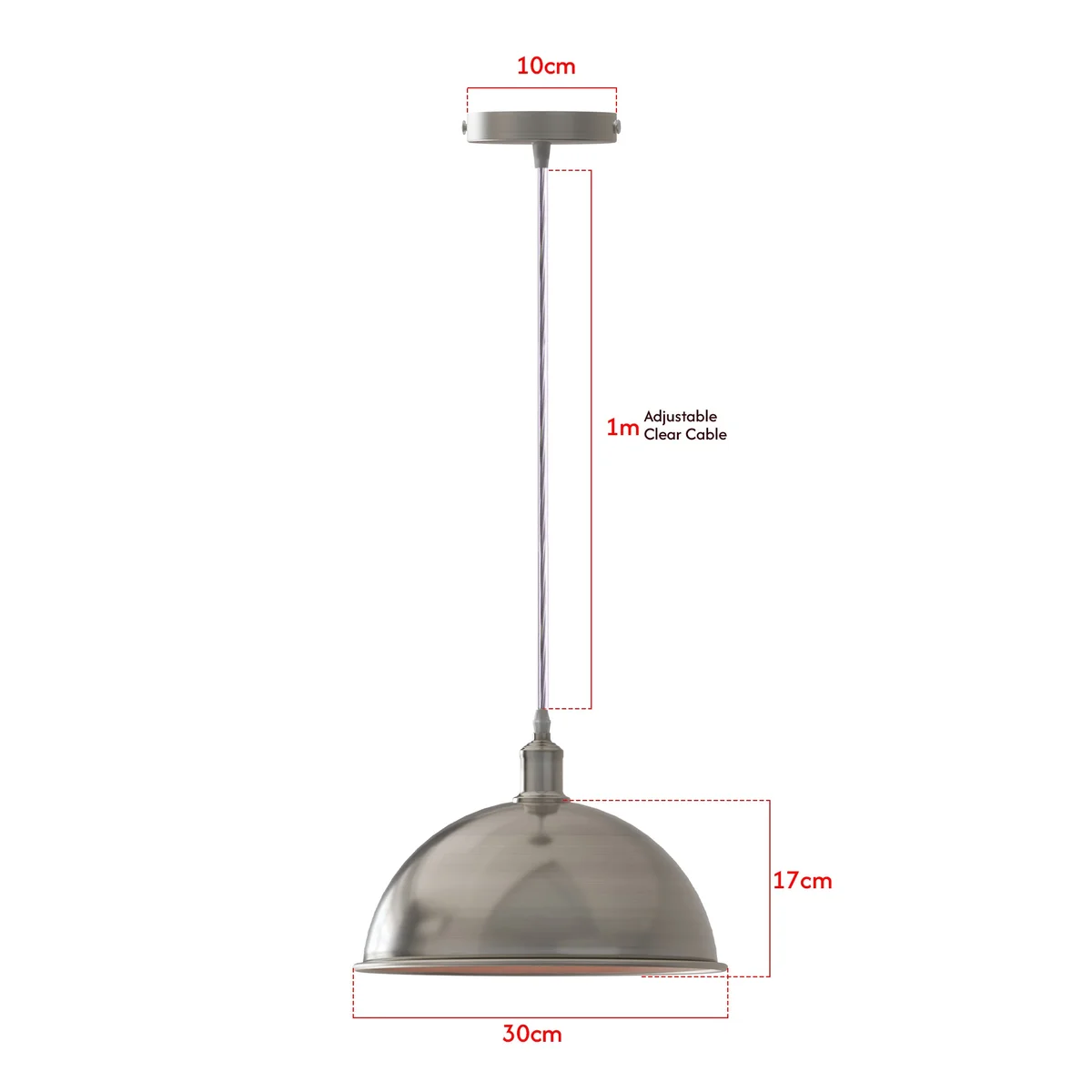 Industrial pendant lamp: sleek dome with brushed nickel finish, white interior hood, adjustable angle, 95cm cable.