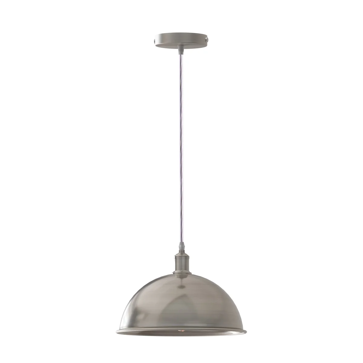 E27 pendant light with brushed satin nickel dome and white interior hood, angled for sloped ceilings, cable 95cm