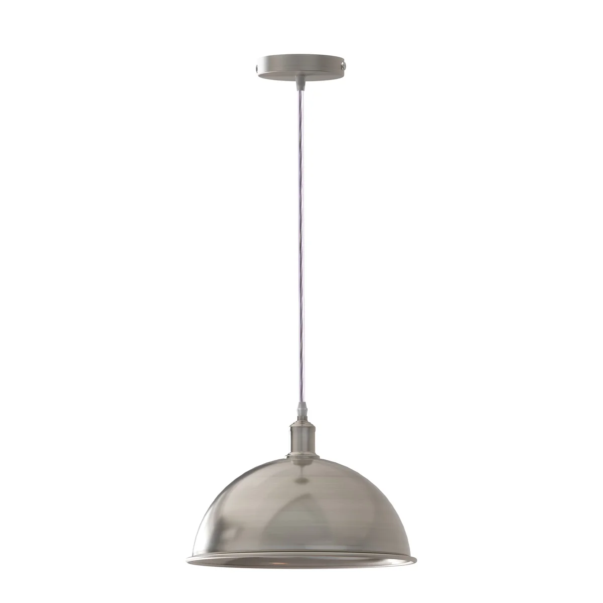 Brushed nickel dome metal ceiling light with white interior hood, angled for sloped ceilings, 95cm cable.