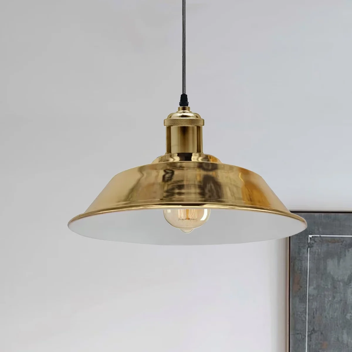 French gold industrial ceiling lamp with metal frame, fabric shade, adjustable hood, and E27 base.