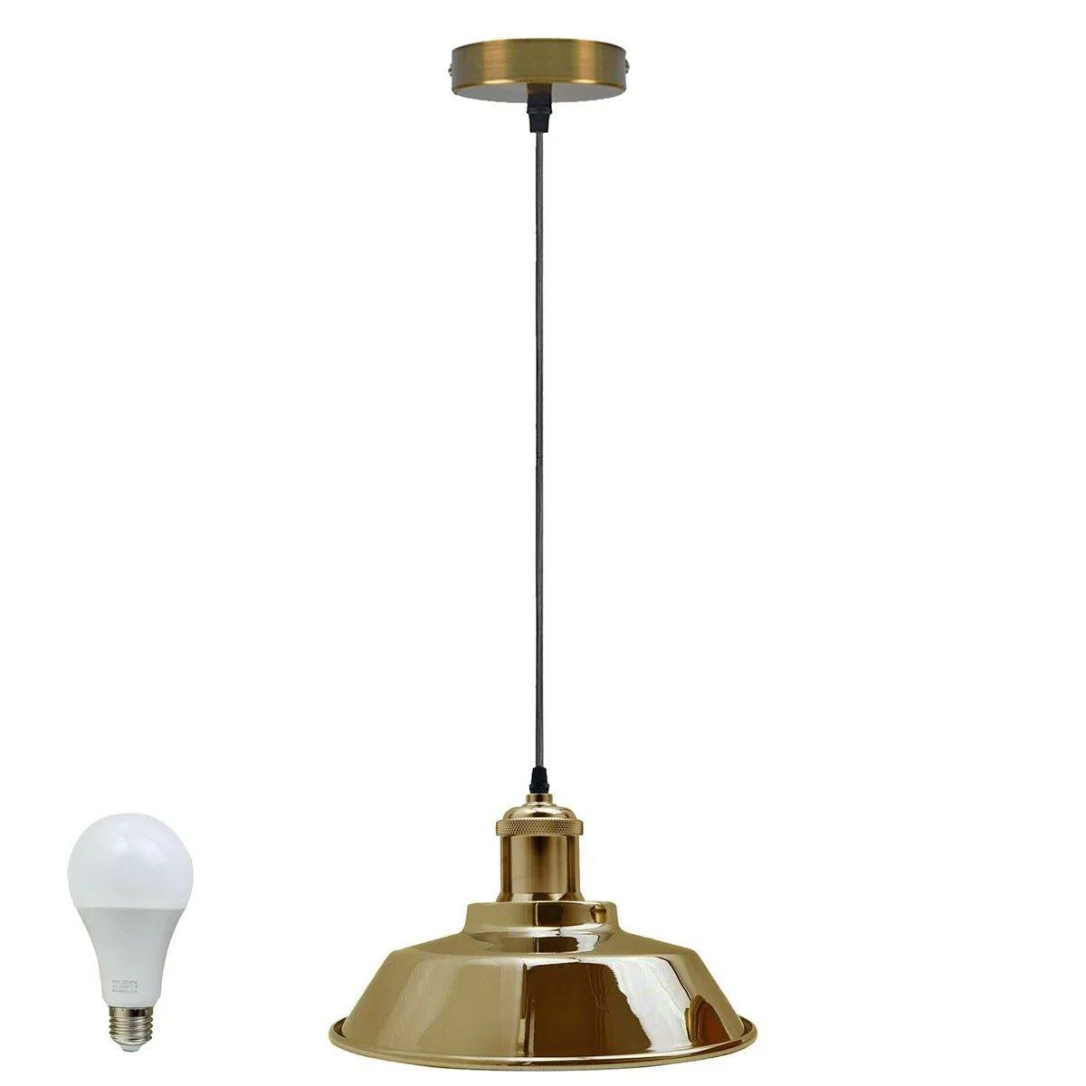 Vintage pendant light with gold metal frame, white fabric shade, for sloped ceilings, includes E27 holder and 100 cm wire