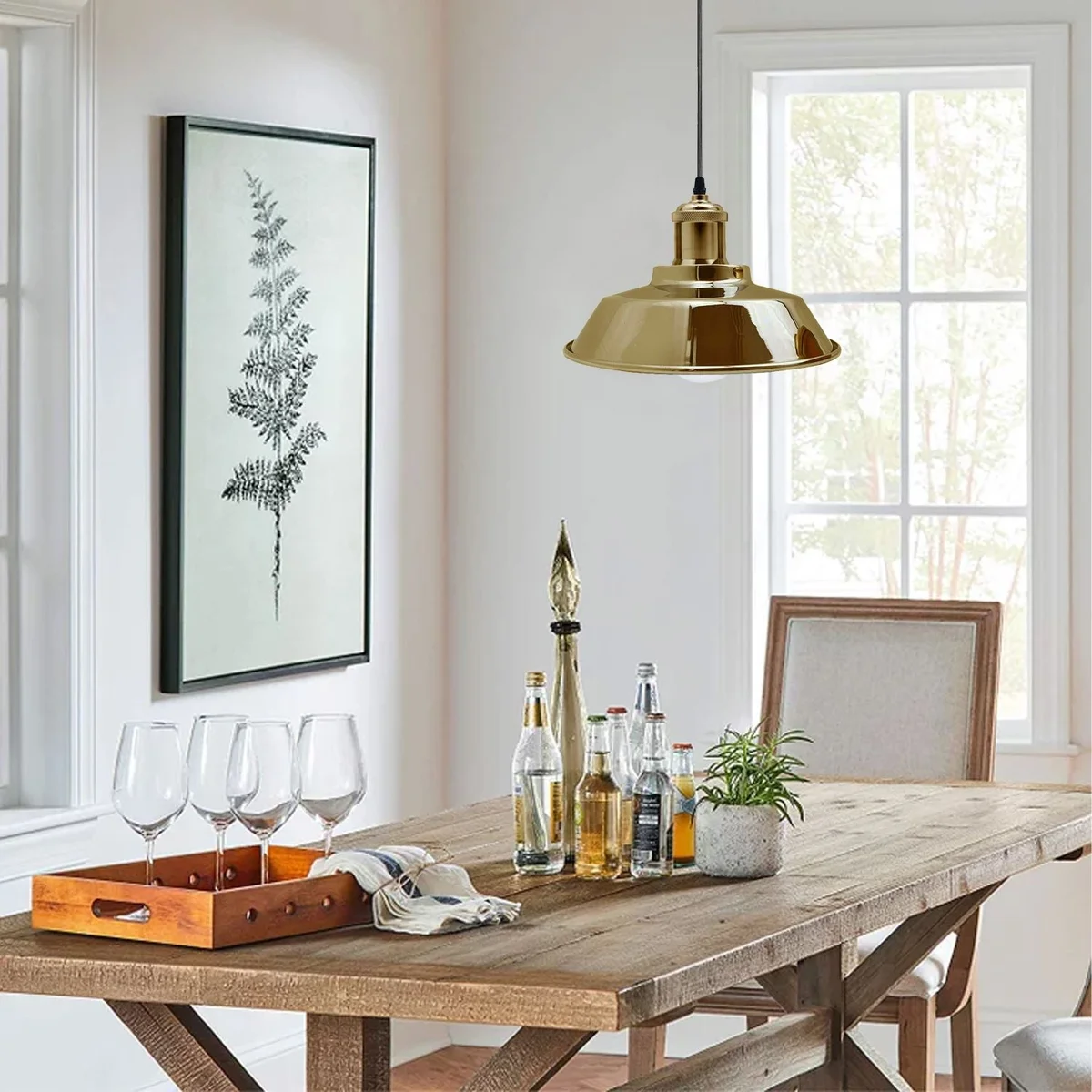 E27 pendant lamp with gold metal and fabric shade, white inner hood, hanging 100 cm on 100 mm plate.
