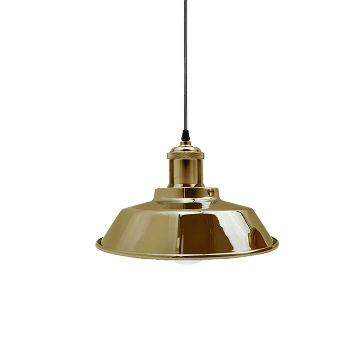 French Gold industrial ceiling lamp on metal frame, fabric hood and white interior, pendant style hanging from ceiling.