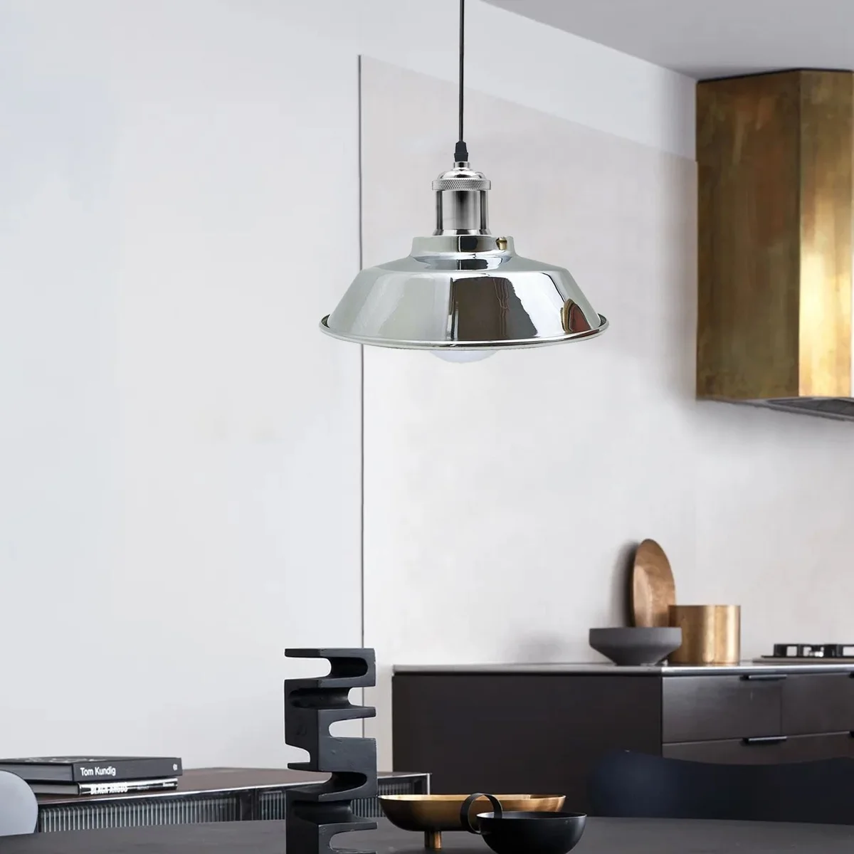 Satin nickel industrial pendant light with white metal dome and adjustable base, 100cm cable, sleek industrial design.