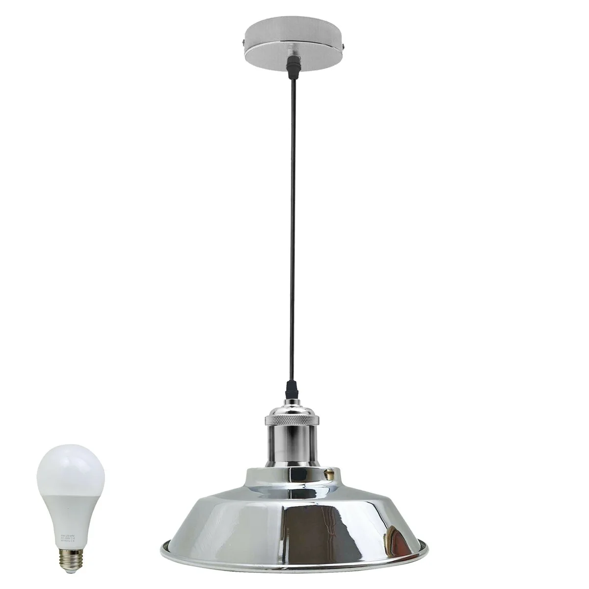 Satin nickel pendant light with adjustable base and white‑finished dome, ideal for modern industrial interiors.