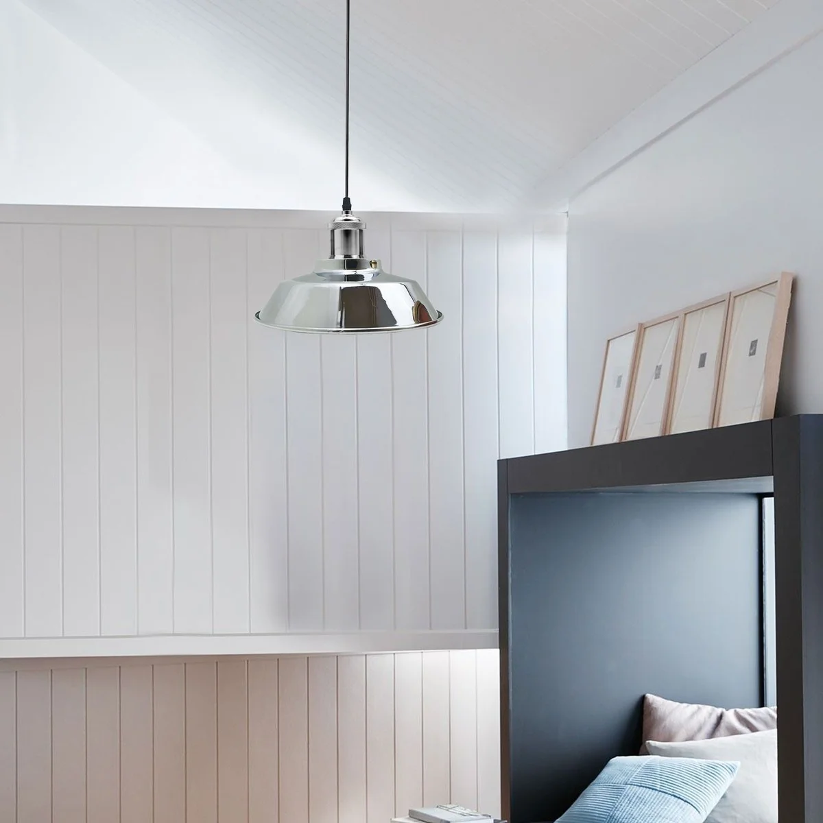 Satin nickel industrial dome pendant with white reflective inner hood and adjustable chain, showcasing adjustable pendant lighting