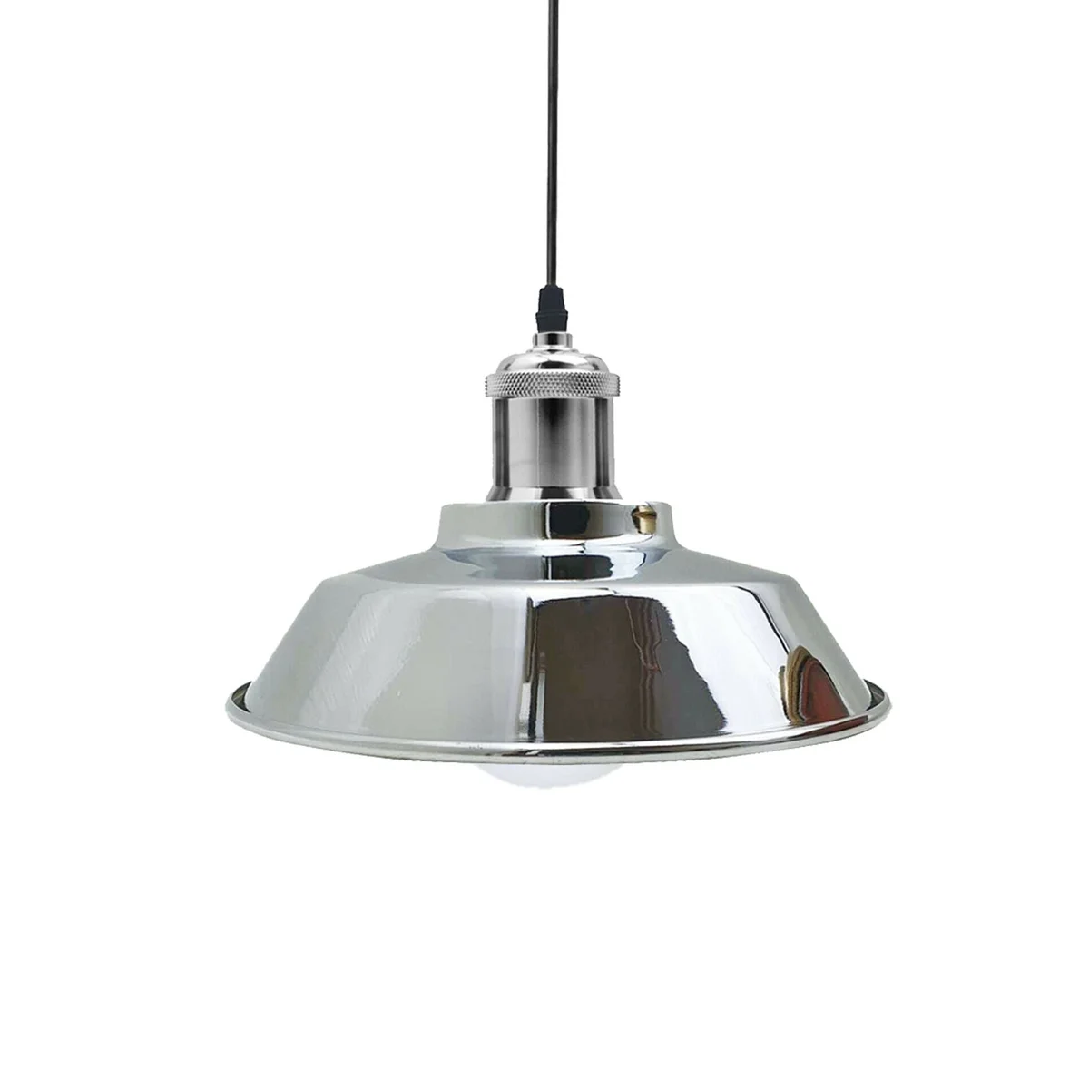 Satin Nickel industrial pendant light on adjustable base, white inner dome, suited for sloped ceiling use.