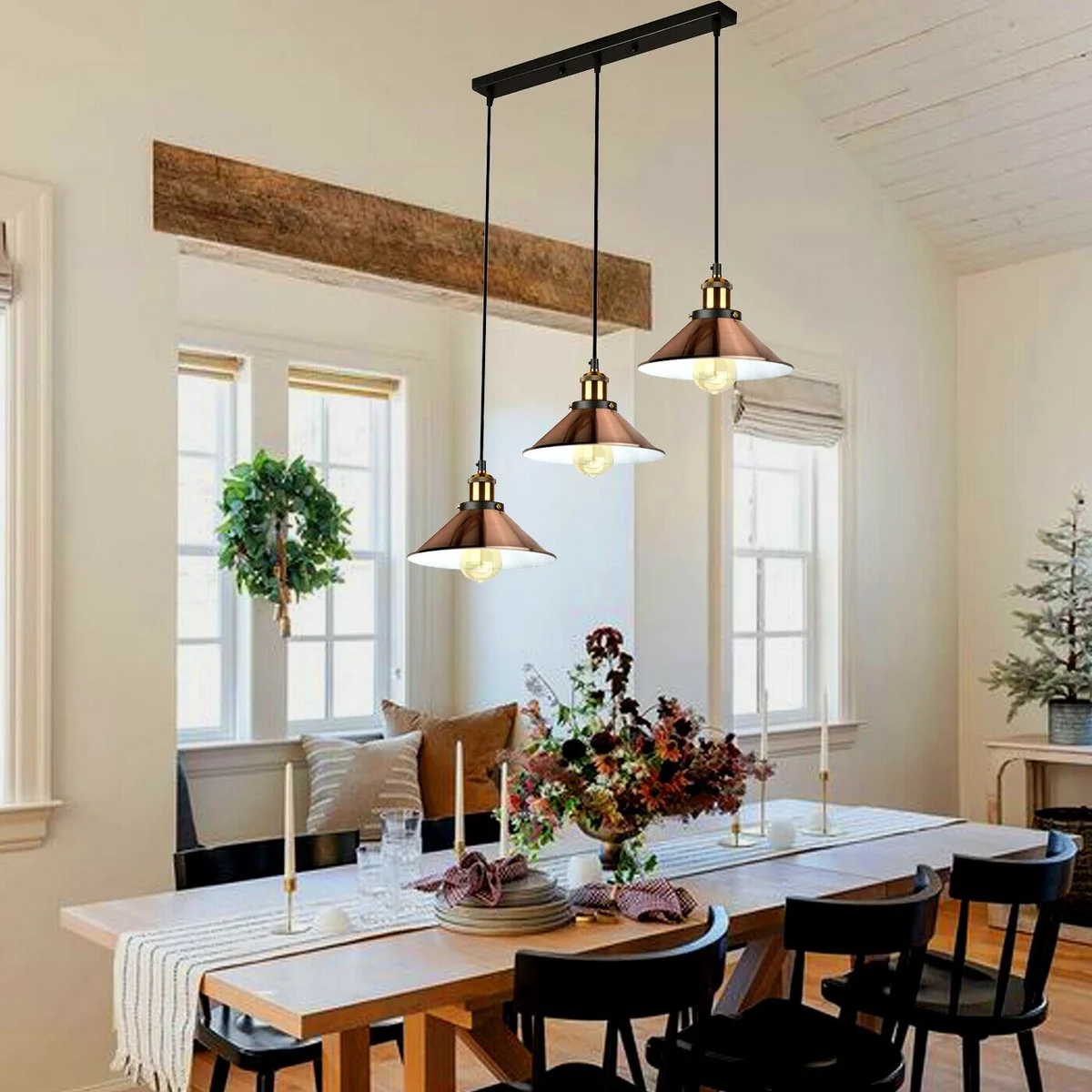 Vintage 3 light ceiling pendant with metal cone lampshades hanging from adjustable cables