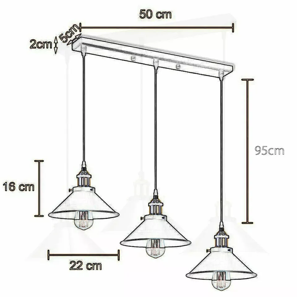 Three‑head adjustable pendant light with green brass metal lampshades and 95cm flexible cords.