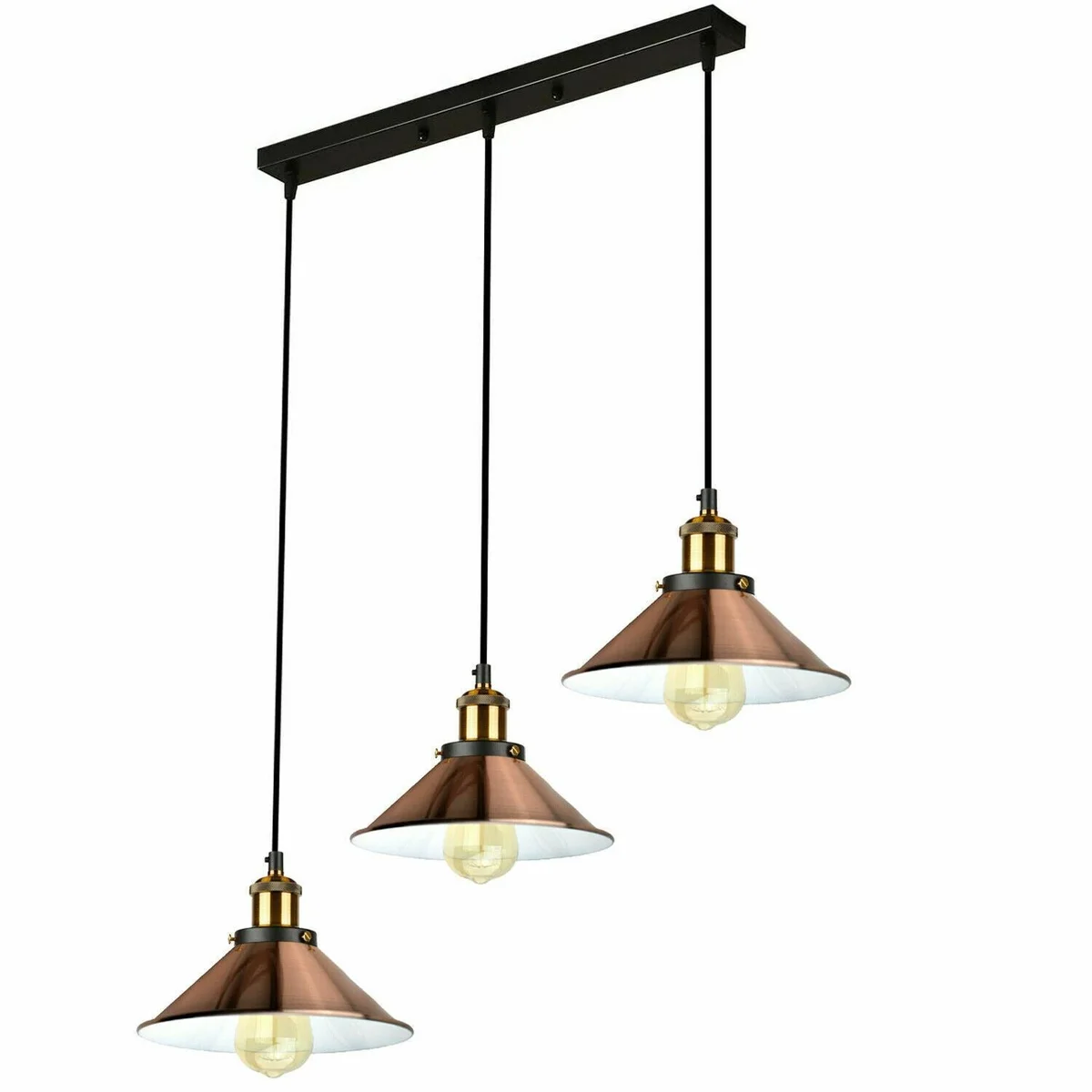 Triple‑head vintage style ceiling light featuring green‑brass metal lampshades on 95cm adjustable cables, suitable for E27 60W bulb