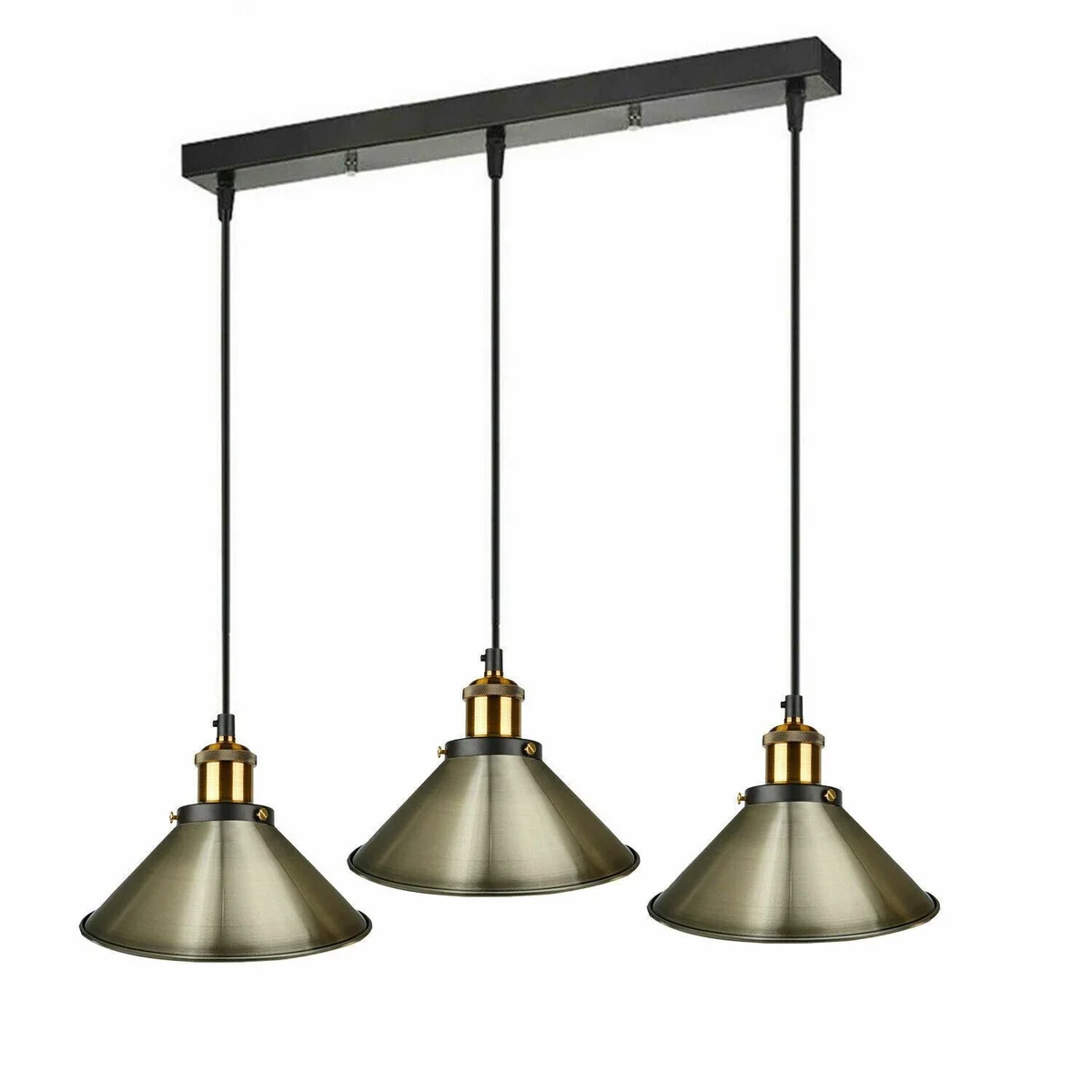 3 head pendant lighting with green brass, rose gold and satin nickel metallic lampshades hanging from adjustable cables