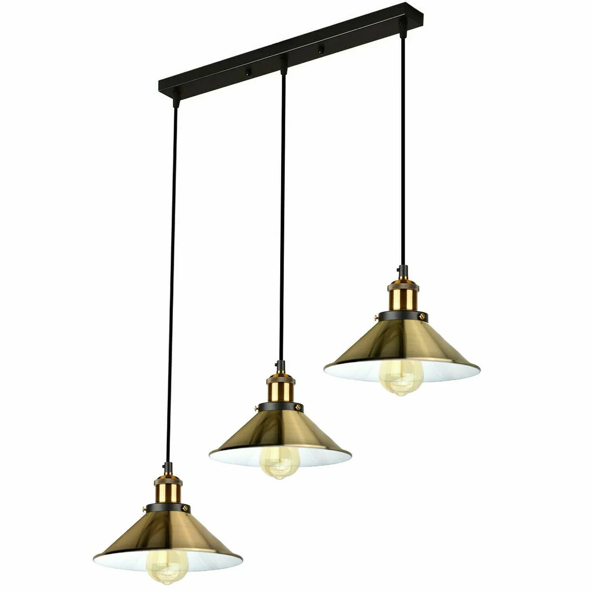 Vintage 3 light ceiling pendant with green brass metal lampshades hanging on adjustable cables